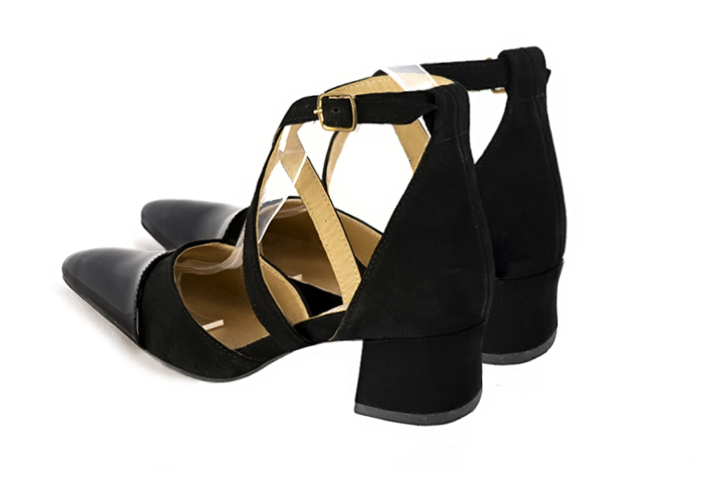 Satin black women's open side shoes, with crossed straps. Tapered toe. Low flare heels. Rear view - Florence KOOIJMAN